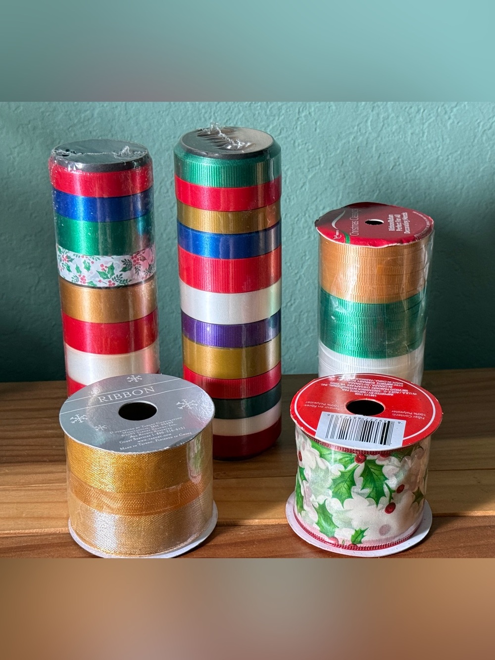 Lot of 5 Christmas Gift Ribbon Rolls Curling & Wire Edge Mixed New Sealed